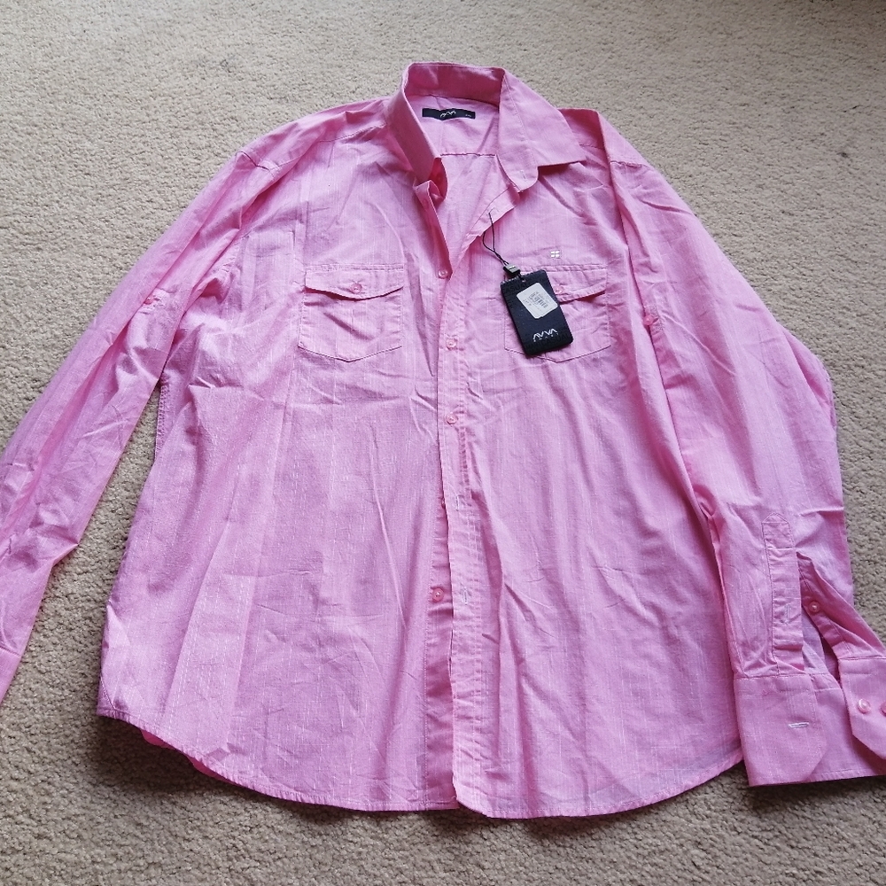 Men's Long-Sleeve Pink Button-Down Shirt with Chest Pockets